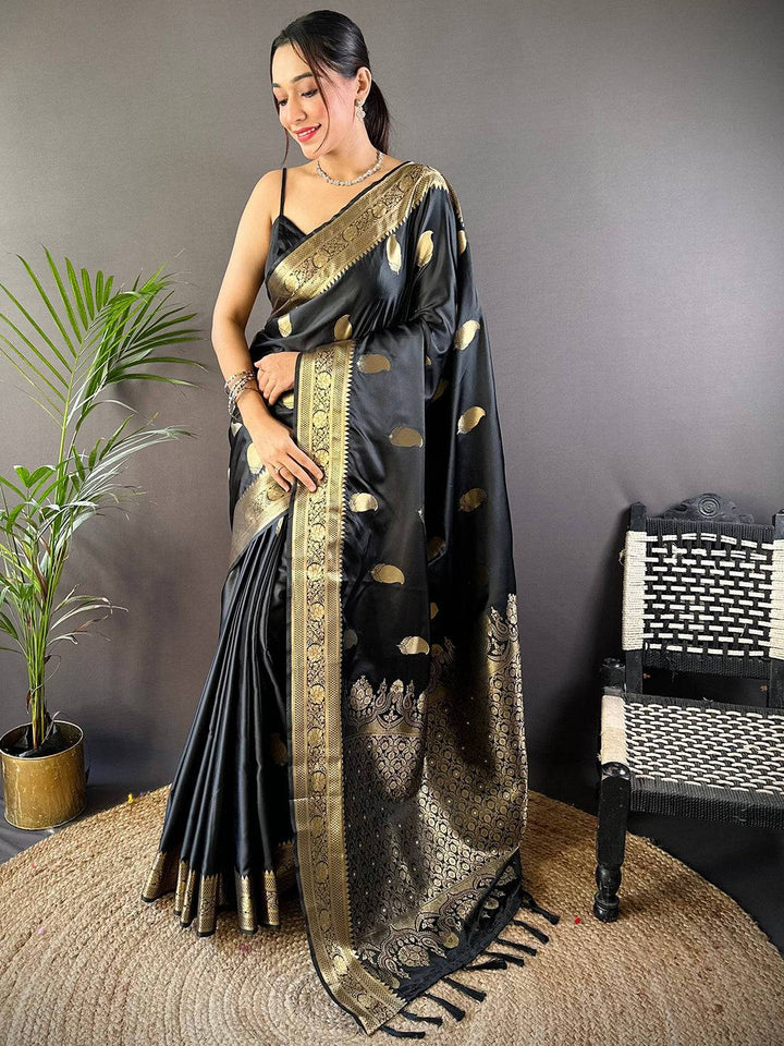 Black Banarasi Soft Satin Masru Mango Silk Saree