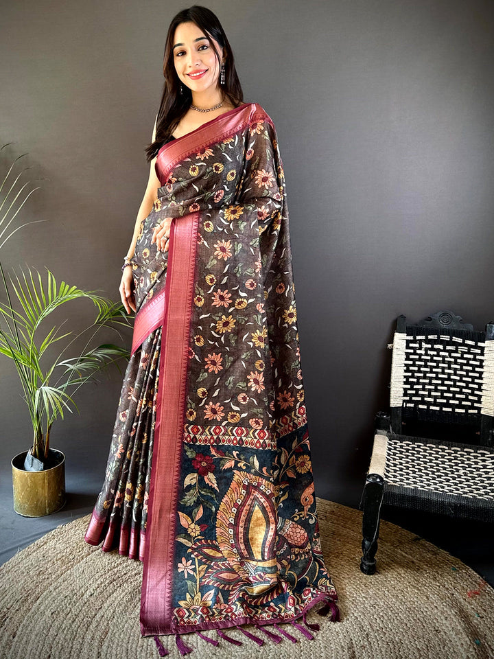 Black Kota Doriya Floral Kalamkari Print Saree