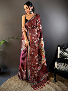 Wine Monochromatic Botanical Print Saree