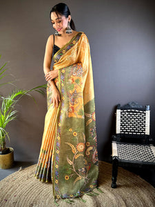 Lemon Yellow Tissue Bandhej Kalamkari Saree