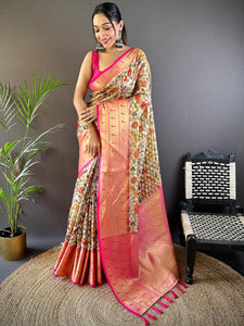 Beige Floral Paithani Kora Silk Saree