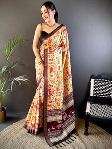 Yellow Soft Silk Block Print Saree