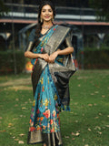 Blue Pure Viscose Dola Silk Floral & Kalamkari Print Saree