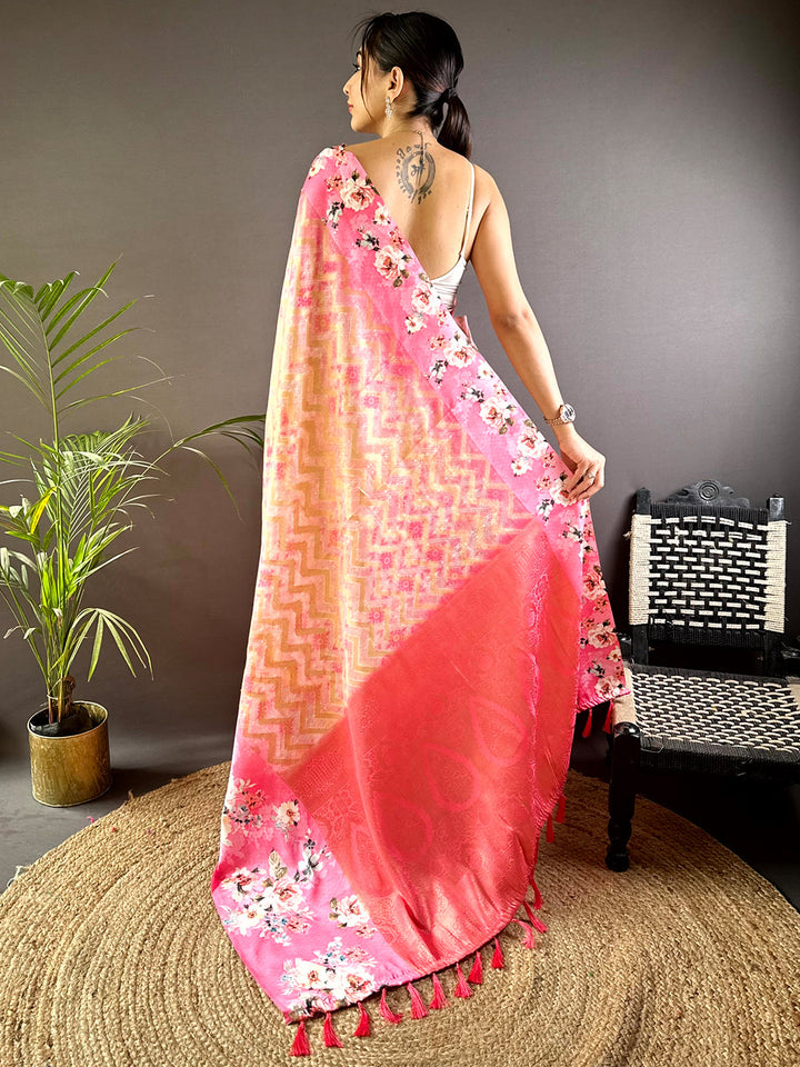 Baby Pink Zari Zigzag Kota Doriya Saree