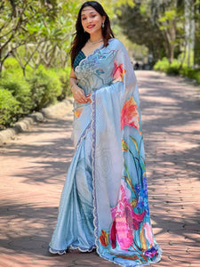 Light Blue Satin Georgette Floral Print Saree