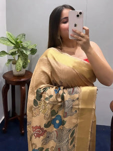 Incredible Pen Kalamkari Linen Tissue Soft Saree