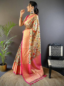 Beige Floral Paithani Kora Silk Saree