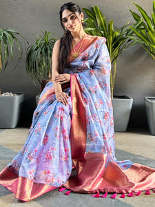 Light purple floral print Kota silk saree with gold border