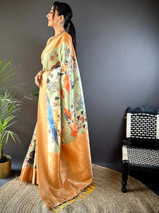 Pista Soft Silk Gold Zari Kalamkari Chex Saree