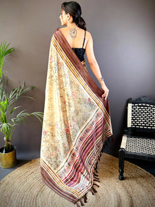 Beige Kalamkari Floral Printed Silk Saree