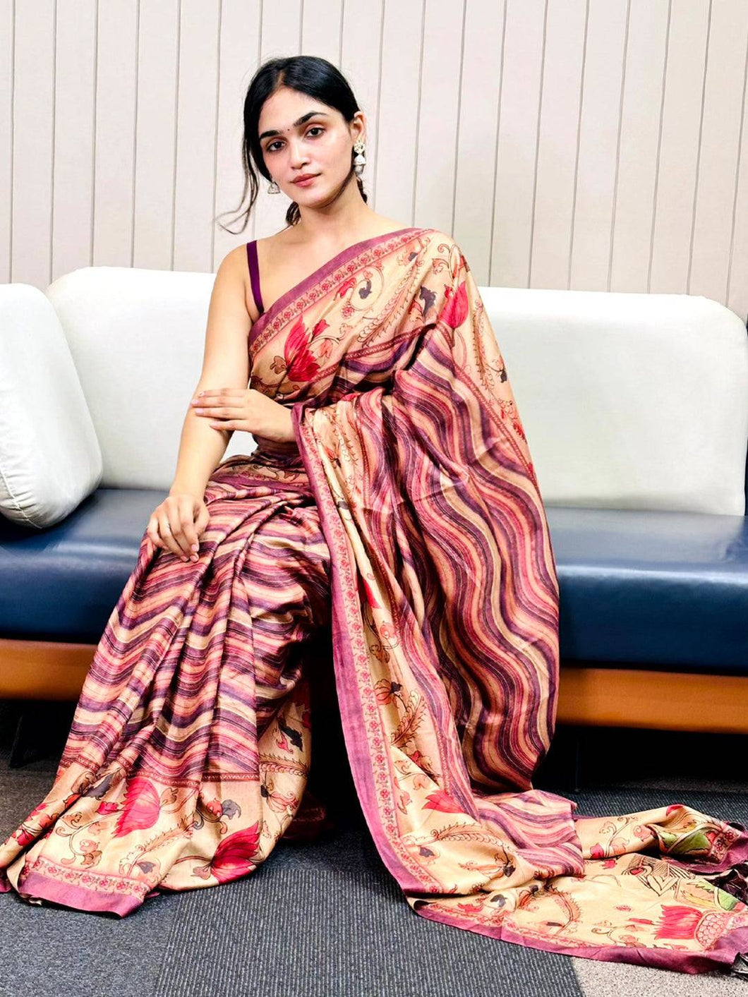 Wine Tussar Silk Saree with Kalamakri Flower and Leheriya Print