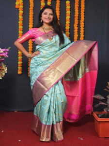 Aqua Kanjivaram Silk Golden Zari Weaving Saree