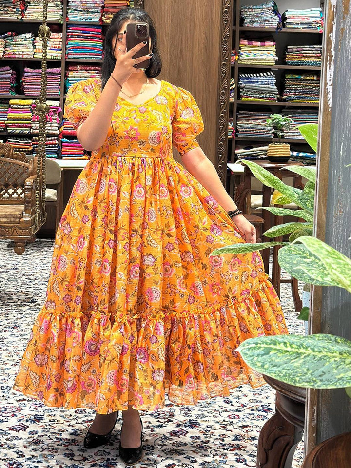 Sunset Yellow V Neck Midi Dress with floral pattern