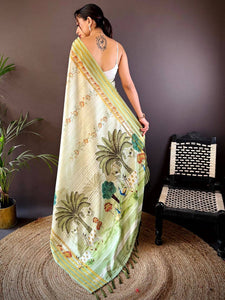 Elegant Soft Silk Pista Pichwai Prints Saree