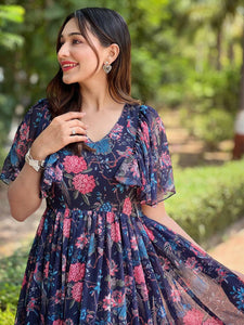 Midnight Navy Floral V-Neck Dress