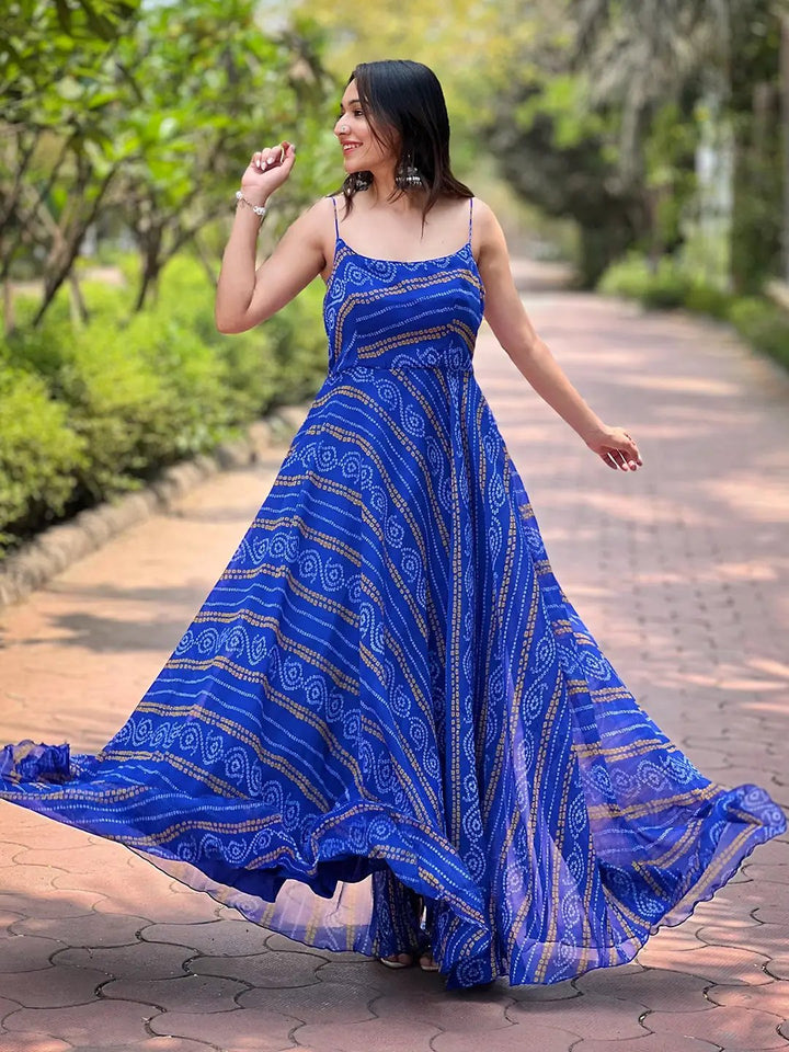 Royal Blue Bandhej Printed Dress twirling outdoors