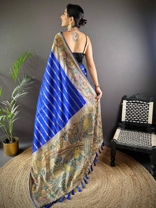 Blue Geometric Zari And Kalamkari Silk Saree