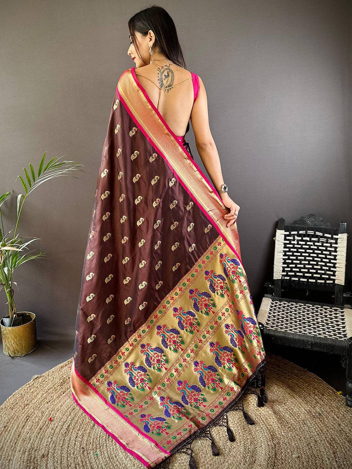 Traditional Brown Colour Yevla Paithani Minakari Work Silk Saree