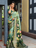 Green Colour Pure Viscose Dola Silk Saree with Floral Print - Luxe