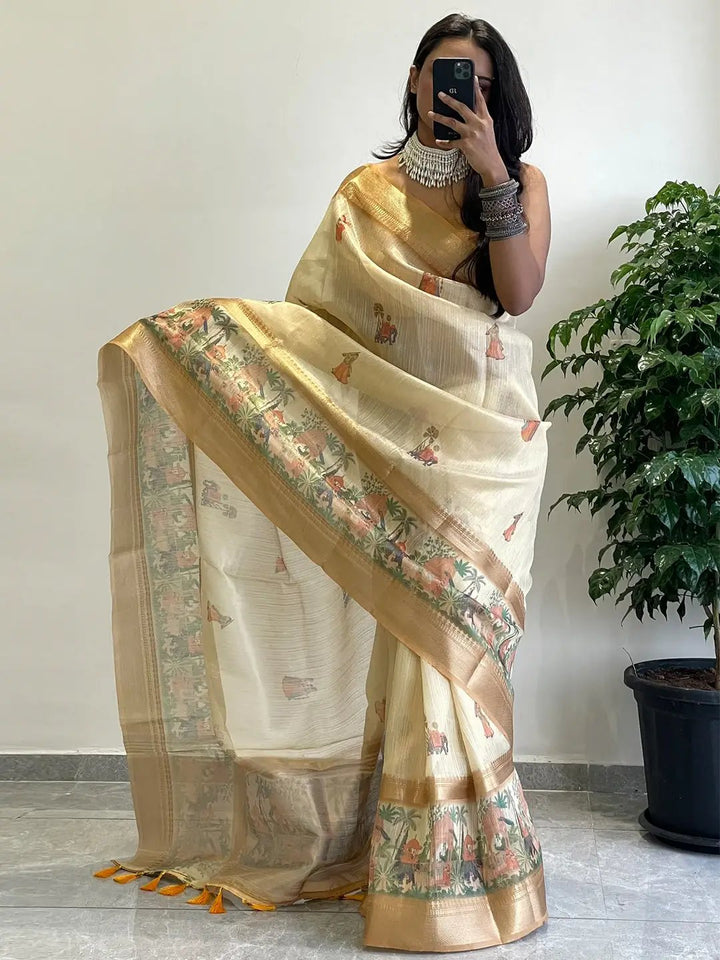 Soft Gold Zari Tissue Saree with Digital Print