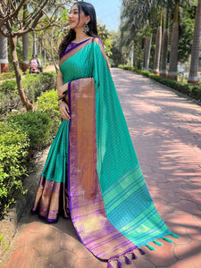 Turquoise Colour Kanjivaram Aura Soft Silk Saree With Broced Zari Blouse