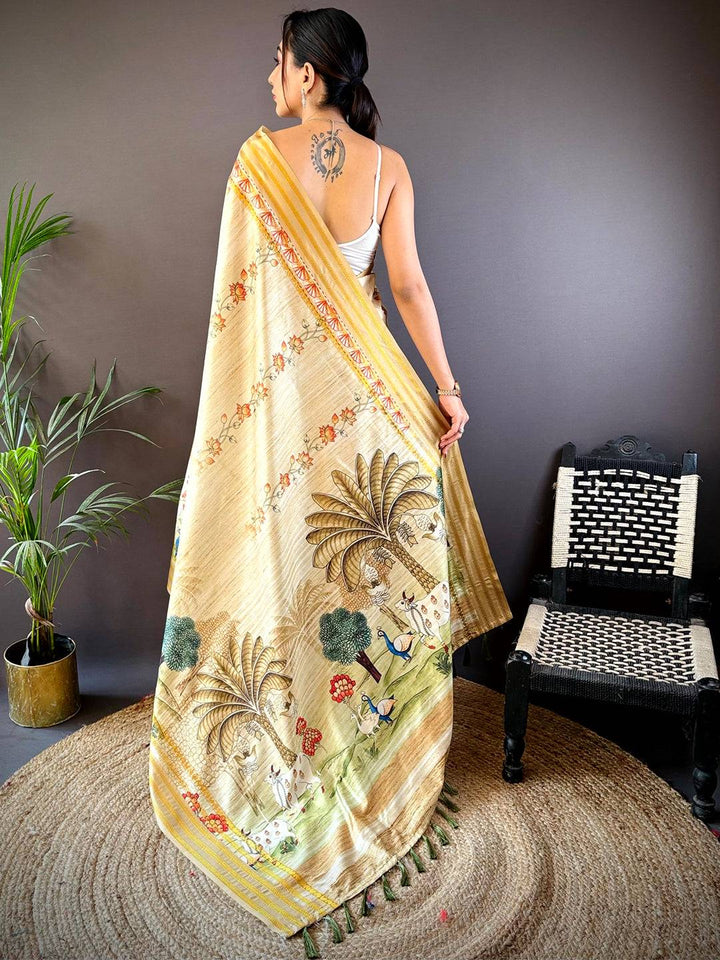 Elegant Soft Silk Beige Pichwai Prints Saree