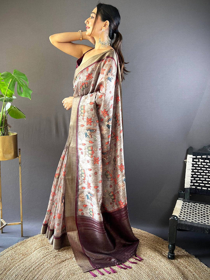 Grey Kalamkari Tussar Silk Saree