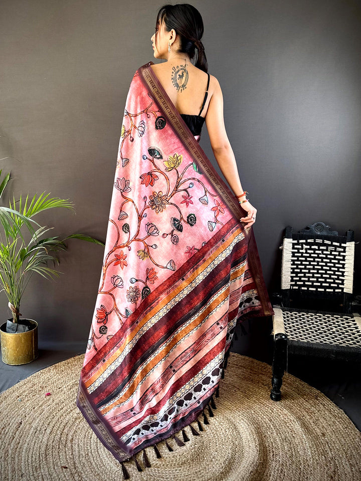 Pink Soft Silk Freehand Kalamkari Print Saree