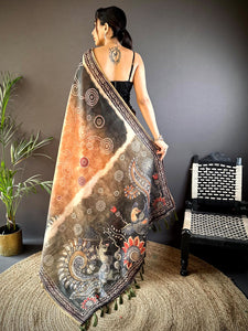 Orange Kalamkari Bandhani Chanderi Saree