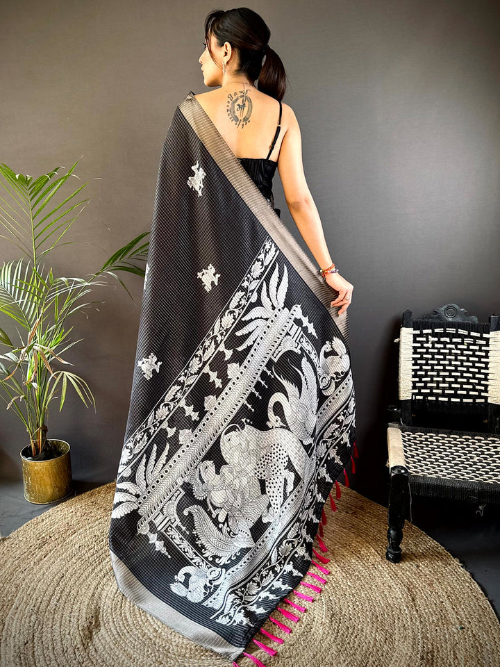 Black Tussar Chex Kalamkari Elegance Saree