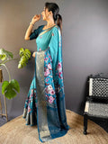 Turquoise Floral Zari Chex Saree