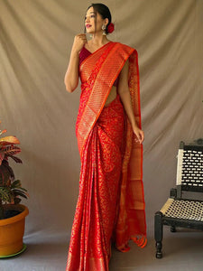 Elegant red Rajkoti Patola silk saree with zari weaving