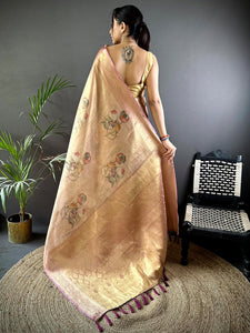 Stylish Dark Wine Self Gold Zari Floral Print Saree