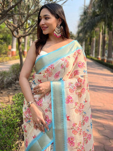 Cream Kota With Digital Floral Printed Saree