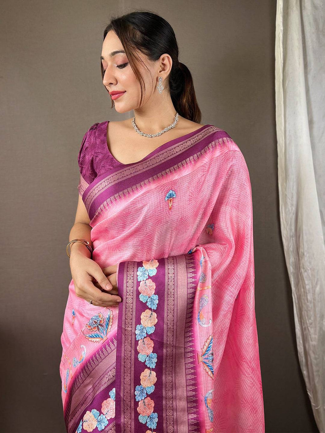 Oriental lily pink Kota saree with satin border, elegant design.