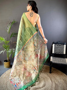 Dark Green Ombre Zari Tissue Digital Print Saree