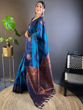 Dark Blue Tussar Silk Ikkat Weaving Saree