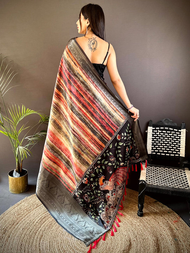 Black Silk Abstract Striped Kalamkari Pallu Saree