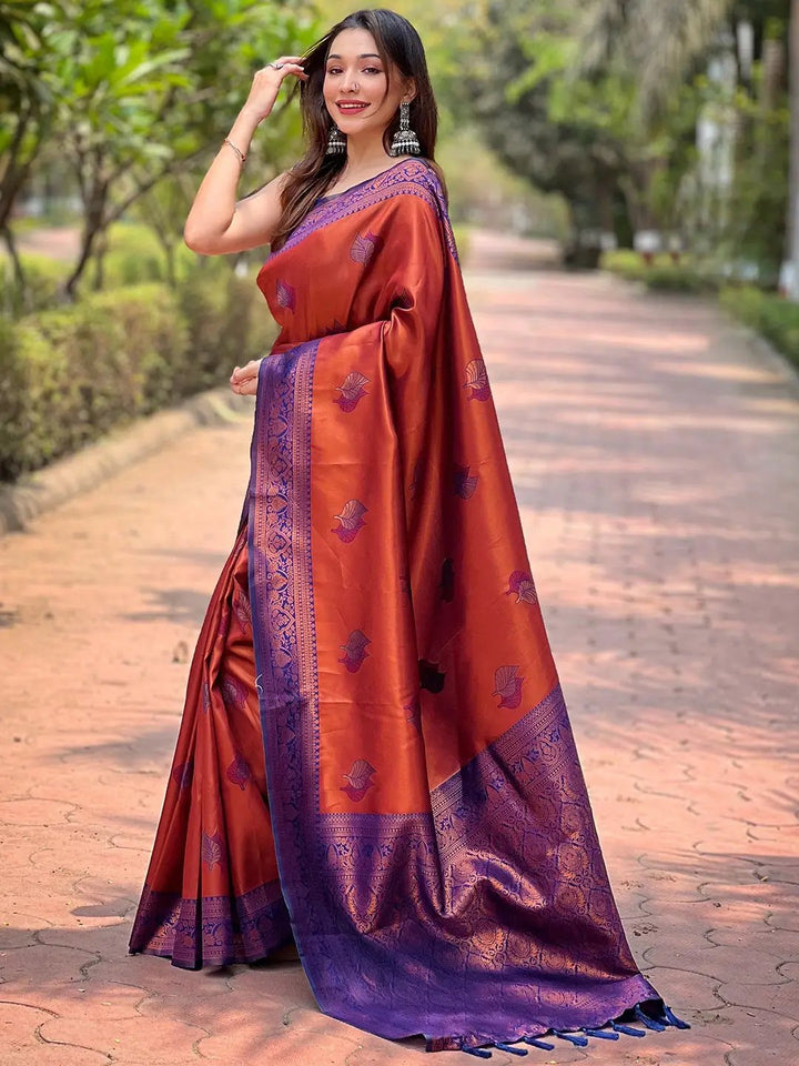 Rust Red Kanjivaram Tissue Saree With Gold Zari Weaving