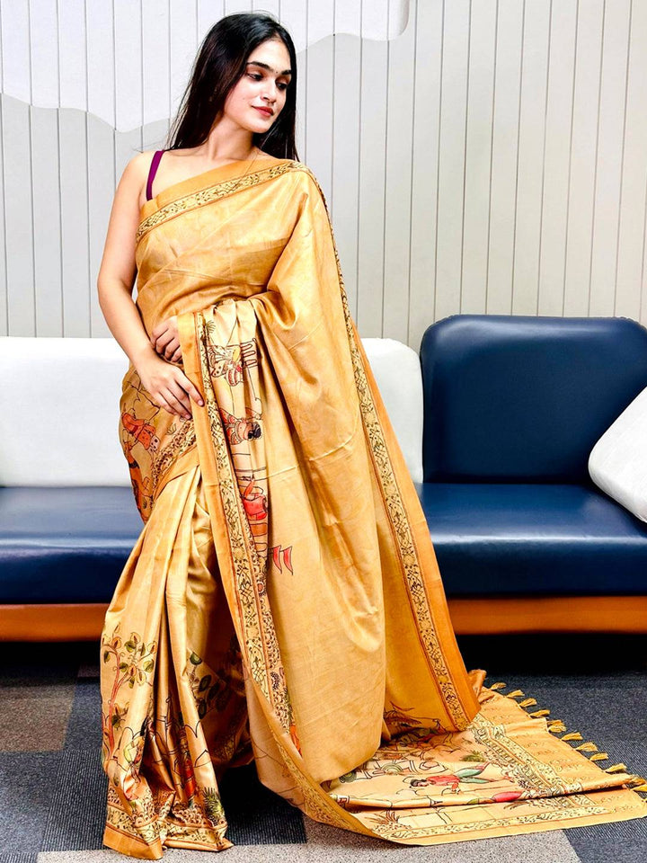 Gold Free Hand Kalamkari Print Saree