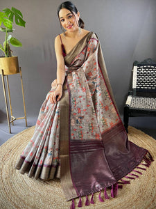 Grey Kalamkari Tussar Silk Saree