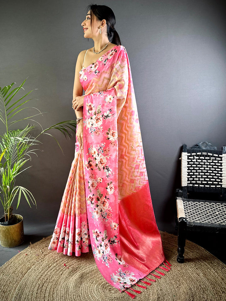 Baby Pink Zari Zigzag Kota Doriya Saree