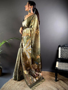 Olive Green Semi Gold Zari Botanical Tussar Saree