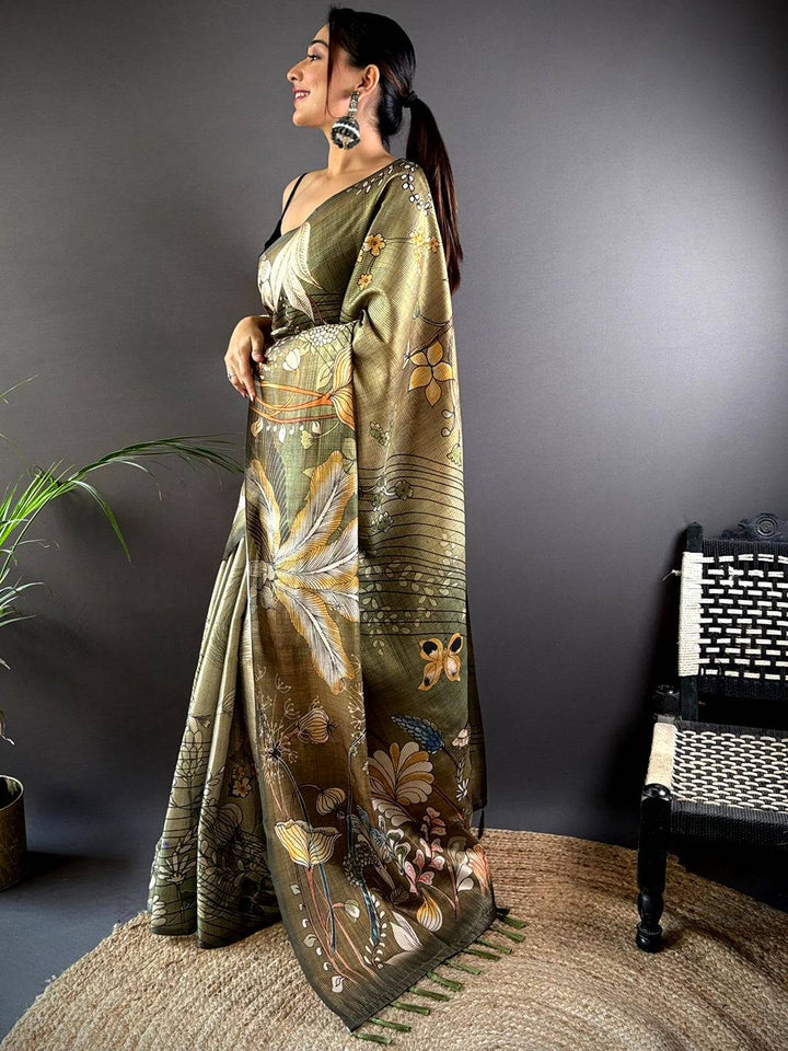 Olive Green Semi Gold Zari Botanical Tussar Saree