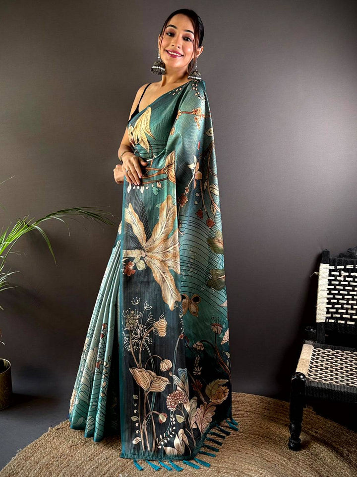 Rama Semi Gold Zari Botanical Tussar Saree