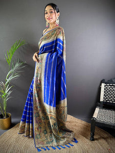 Blue Geometric Zari And Kalamkari Silk Saree