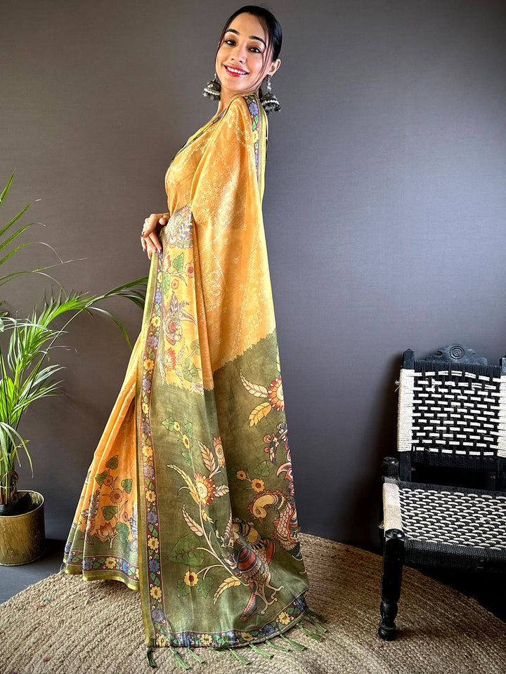 Lemon Yellow Tissue Bandhej Kalamkari Saree