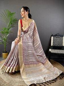 Beige Ghicha Tussar Block Print Saree