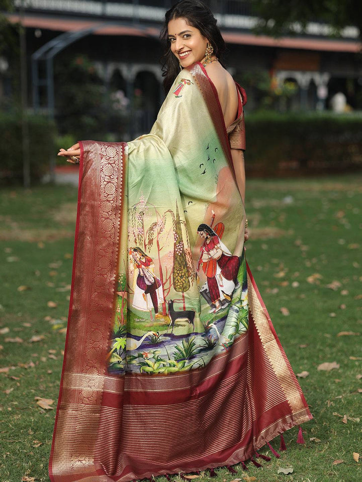 Viscose Dola Silk Pista Colour Saree with Floral and Mughal Print - Luxe