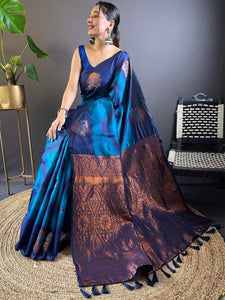 Dark Blue Tussar Silk Ikkat Weaving Saree